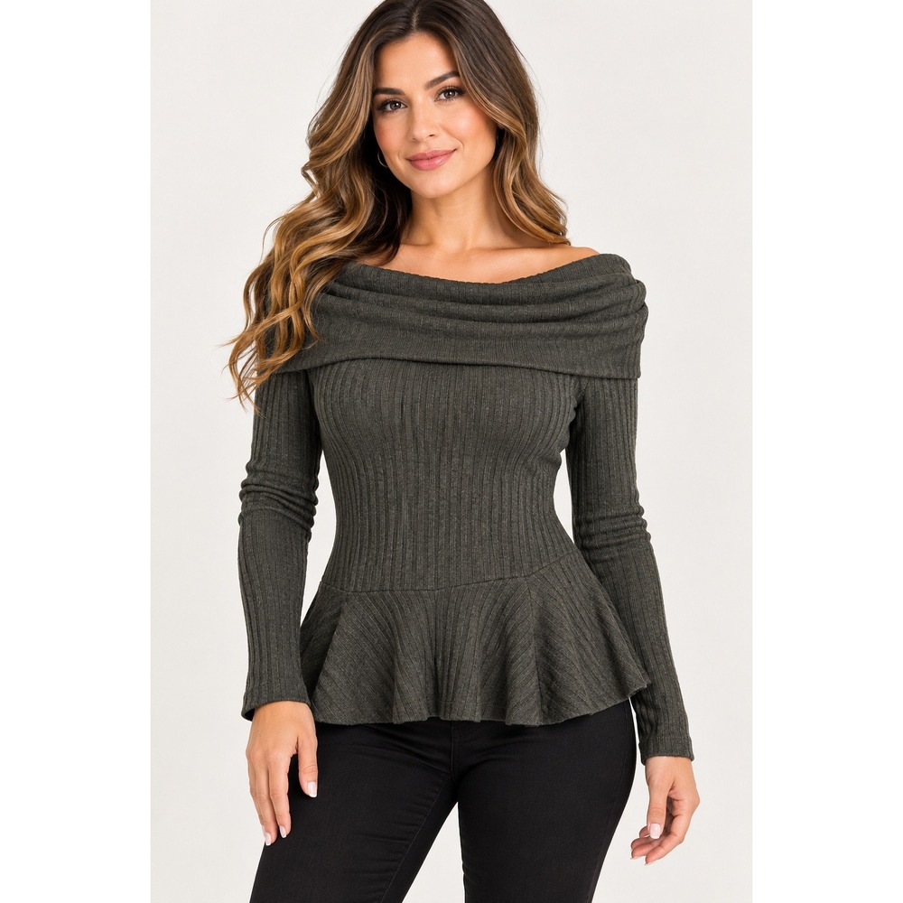 Maeve Anthropologie Olive Green Ribbed Off Shoulder Peplum Cowl Neck Top Medium